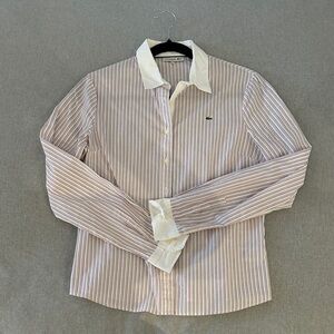 Lacoste Women's Striped Button Down Shirt - White and Brown